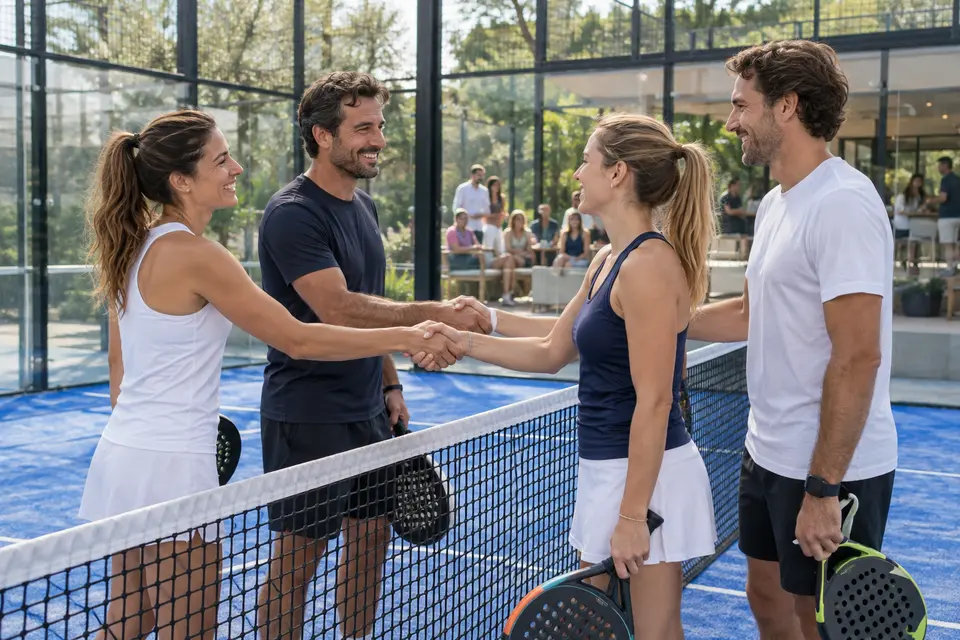 Illusztratív jelenet játékosok találkozásáról egy barátságos padel meccs után