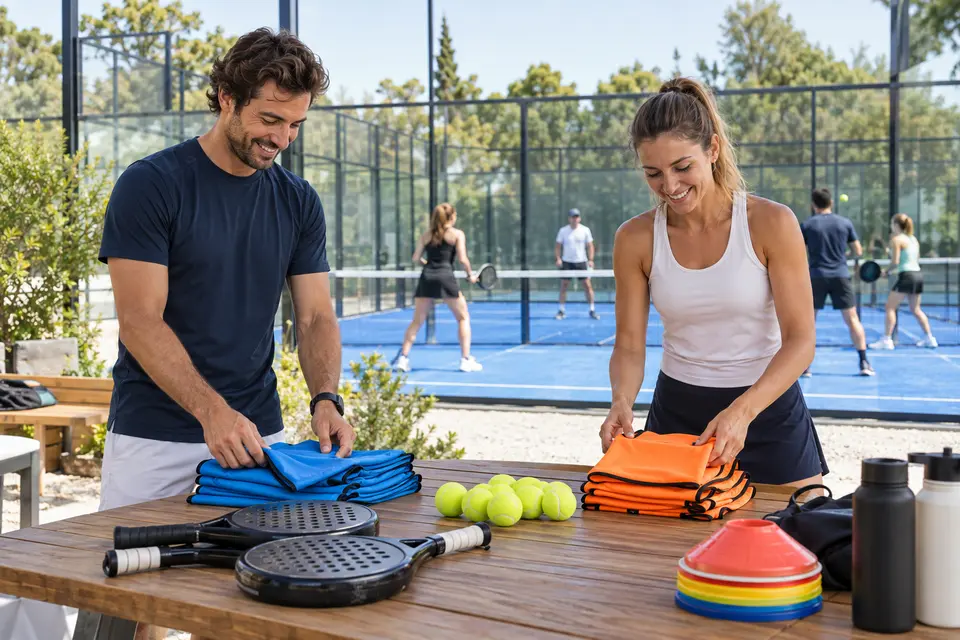 Szemléltető jelenet a szervezők közösségi padelrendezvényének előkészítéséről